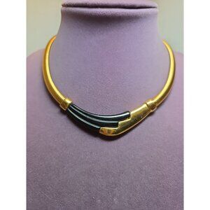 Vintage Napier Collar Necklace- 16" Gold Tone W/ Black Accents- Stretch Chain.